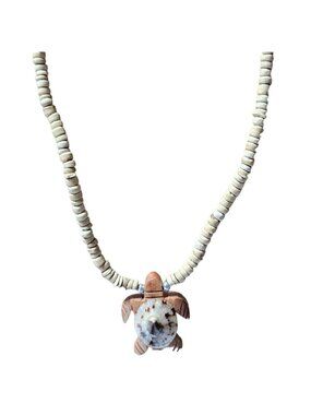 Handmade Sea Turtle Necklace Shell Wood Pendant Cream Beaded Coastal Boho Surfer